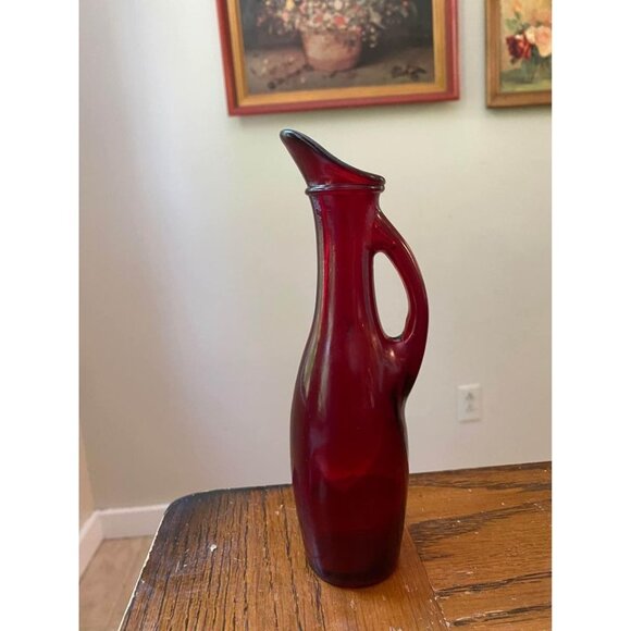 Antique Royal Ruby Glass Anchor Hocking Vinegar Oil Pitcher - Picture 2 of 4